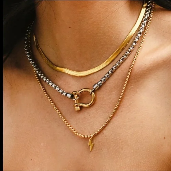 Gold Buckle Pendant Silver Chunky Stainless Steel Necklace - Picture 1 of 6